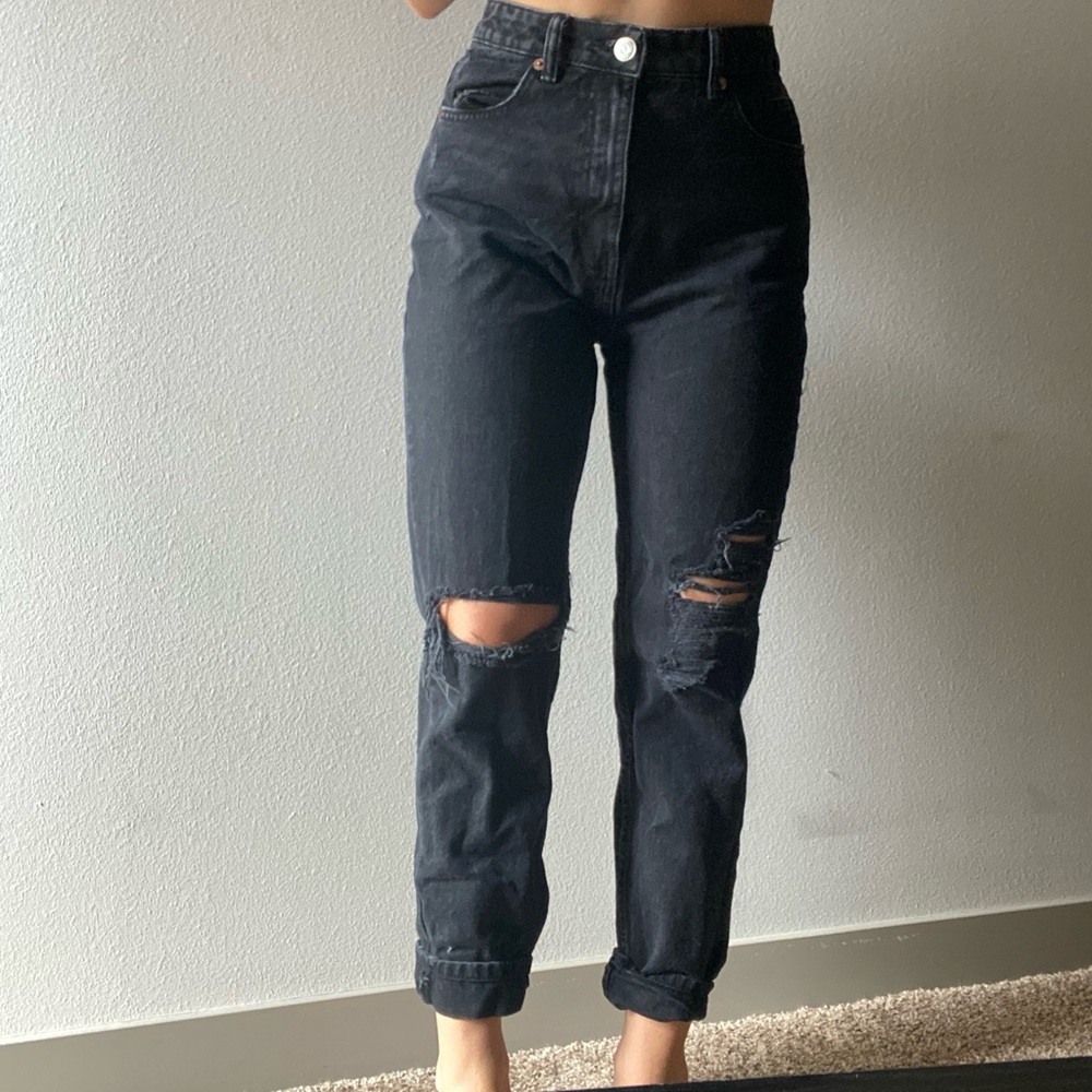 ZARA high waisted black ripped straight jeans